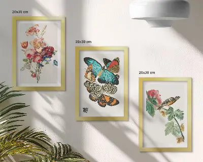 Flowers, butterflies and a bird in pastel shades framed triptych