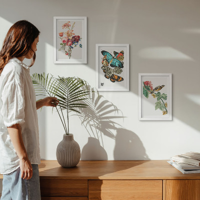 Framed triptych Flowers, butterflies and a bird in pastel shades