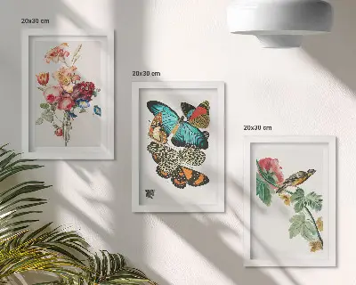 Flowers, butterflies and a bird in pastel shades framed triptych