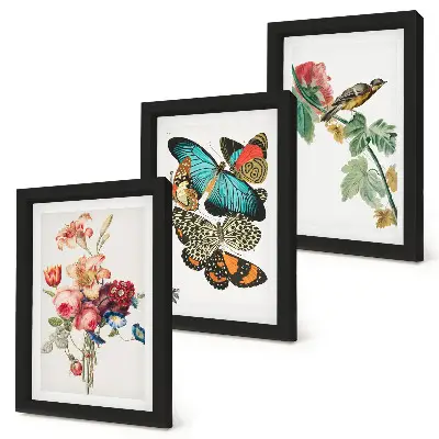 Flowers, butterflies and a bird in pastel shades framed triptych