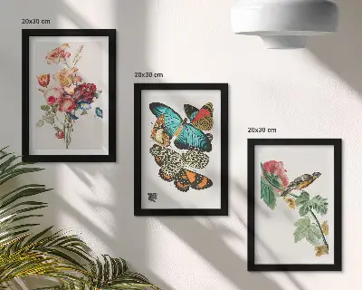 Flowers, butterflies and a bird in pastel shades framed triptych