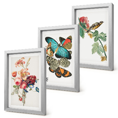 Framed triptych Flowers, butterflies and a bird in pastel shades