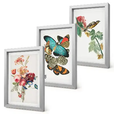 Flowers, butterflies and a bird in pastel shades framed triptych