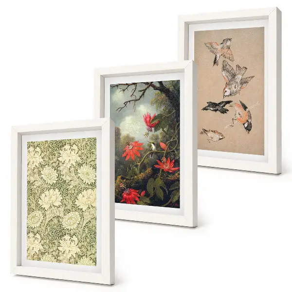 3-piece wall art set featuring flowers and birds in natural surroundings