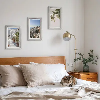 Photo frame wall white stairs in Santorini with a town view