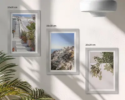 Photo frame wall white stairs in Santorini with a town view