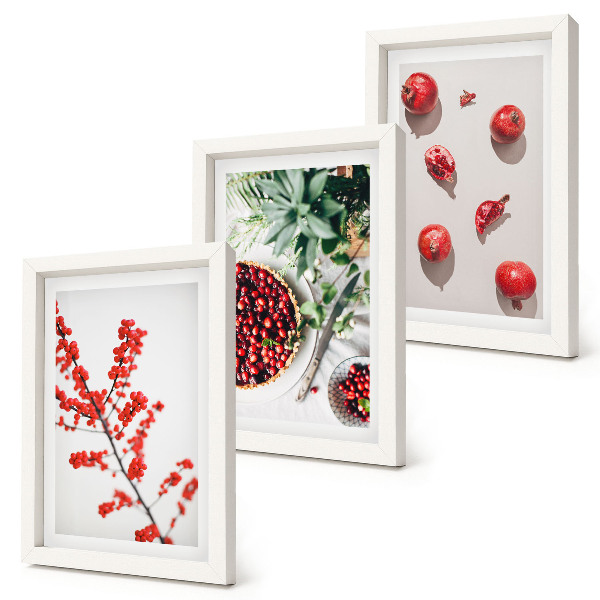 Framed triptych Red fruits and plants in a minimalist style