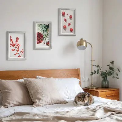Red fruits and plants minimalist triptych framed in a minimalist style