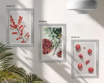 Red fruits and plants minimalist triptych framed in a minimalist style