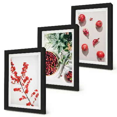 Red fruits and plants minimalist triptych framed in a minimalist style