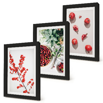 Framed triptych Red fruits and plants in a minimalist style