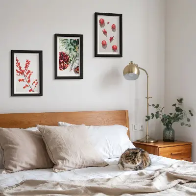 Red fruits and plants minimalist triptych framed in a minimalist style