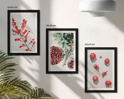 Red fruits and plants minimalist triptych framed in a minimalist style