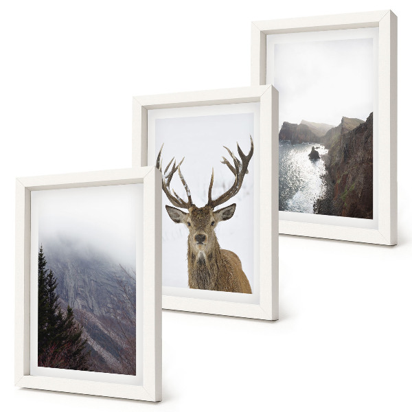 3-piece wall art set Mountain landscape with fog, water and deer