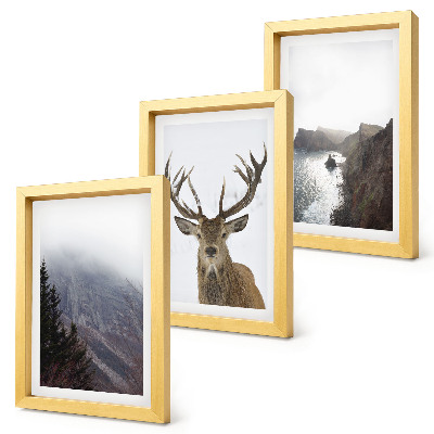 3-piece wall art set Mountain landscape with fog, water and deer