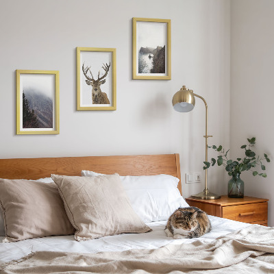 3-piece wall art set Mountain landscape with fog, water and deer