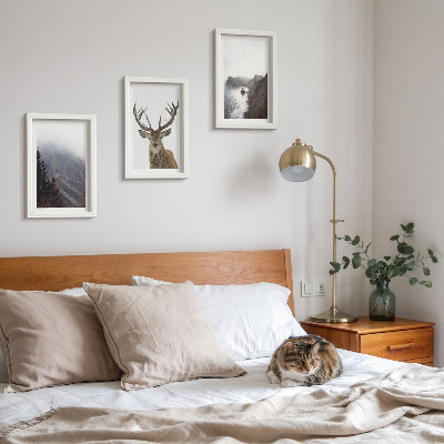 3-piece wall art set Mountain landscape with fog, water and deer