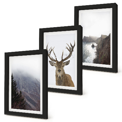 3-piece wall art set Mountain landscape with fog, water and deer