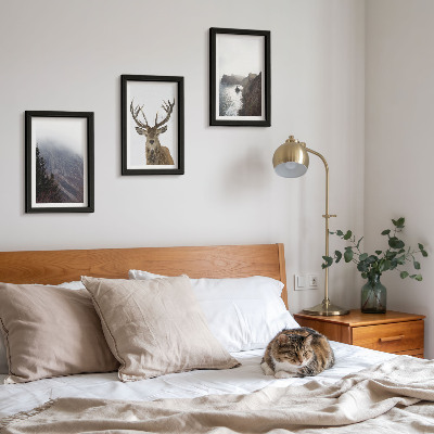 3-piece wall art set Mountain landscape with fog, water and deer
