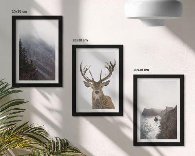 3-piece wall art set Mountain landscape with fog, water and deer