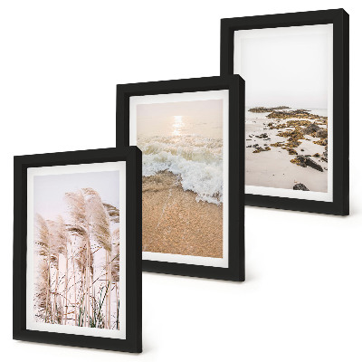 Framed triptych Beach grass waves and seaside stones boho