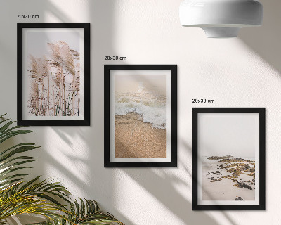Framed triptych Beach grass waves and seaside stones boho