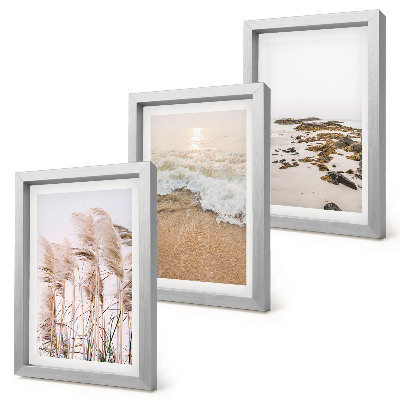 Framed triptych Beach grass waves and seaside stones boho
