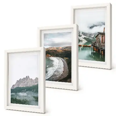 3-piece wall art set with mountain landscapes, a beach, and a wooden house