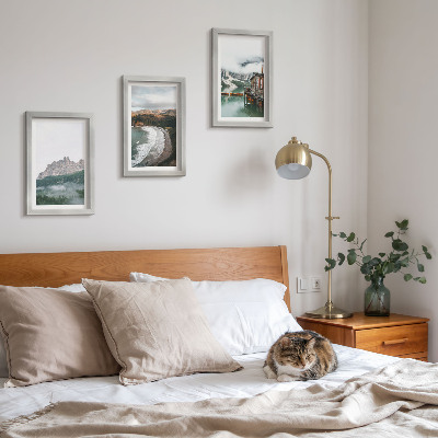 3-piece wall art set Mountain landscapes with a beach and a wooden house