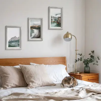 3-piece wall art set with mountain landscapes, a beach, and a wooden house