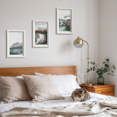 3-piece wall art set Mountain landscapes with a beach and a wooden house