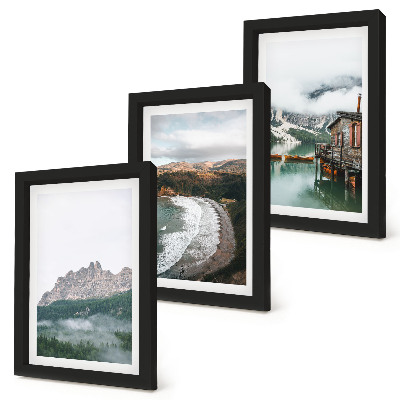 3-piece wall art set Mountain landscapes with a beach and a wooden house