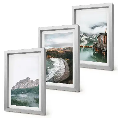 3-piece wall art set with mountain landscapes, a beach, and a wooden house