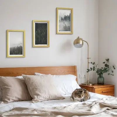 Photo frame wall with green forests in a misty natural setting