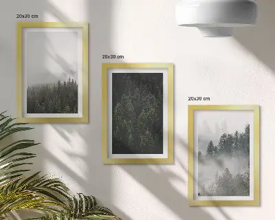 Photo frame wall with green forests in a misty natural setting