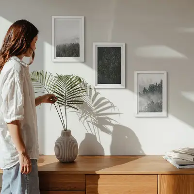 Photo frame wall with green forests in a misty natural setting
