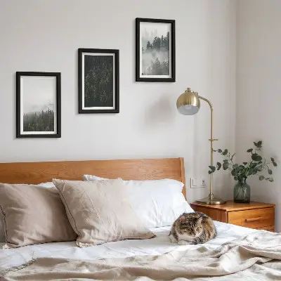 Photo frame wall with green forests in a misty natural setting