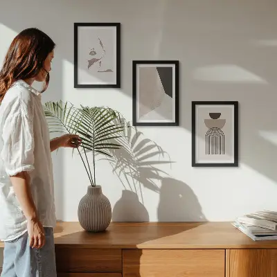 Abstract geometric shapes and woman's face art framed triptych
