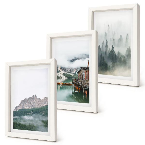 3-piece wall art set Mountains, lake, cottage and fog in the forest