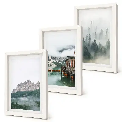 3-piece wall art set mountains, lake, and cottage in a foggy forest