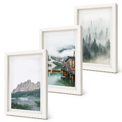 3-piece wall art set Mountains, lake, cottage and fog in the forest