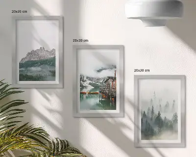 3-piece wall art set mountains, lake, and cottage in a foggy forest