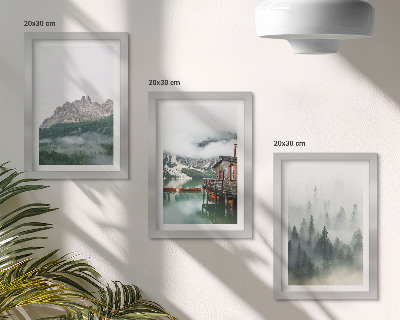 3-piece wall art set Mountains, lake, cottage and fog in the forest