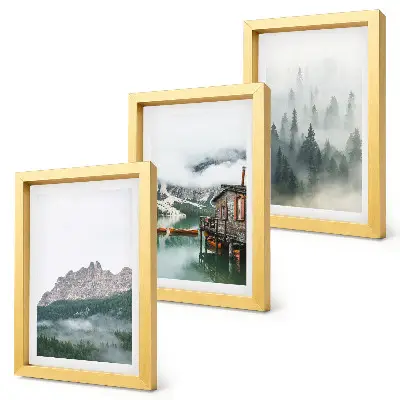 3-piece wall art set mountains, lake, and cottage in a foggy forest