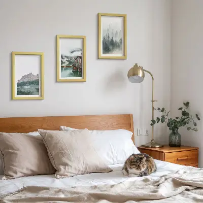 3-piece wall art set mountains, lake, and cottage in a foggy forest
