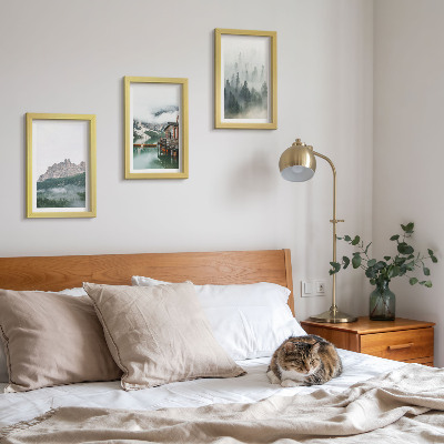 3-piece wall art set Mountains, lake, cottage and fog in the forest