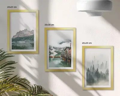 3-piece wall art set mountains, lake, and cottage in a foggy forest