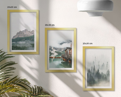 3-piece wall art set Mountains, lake, cottage and fog in the forest