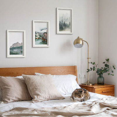 3-piece wall art set Mountains, lake, cottage and fog in the forest