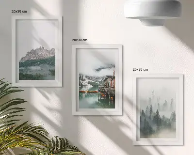 3-piece wall art set mountains, lake, and cottage in a foggy forest